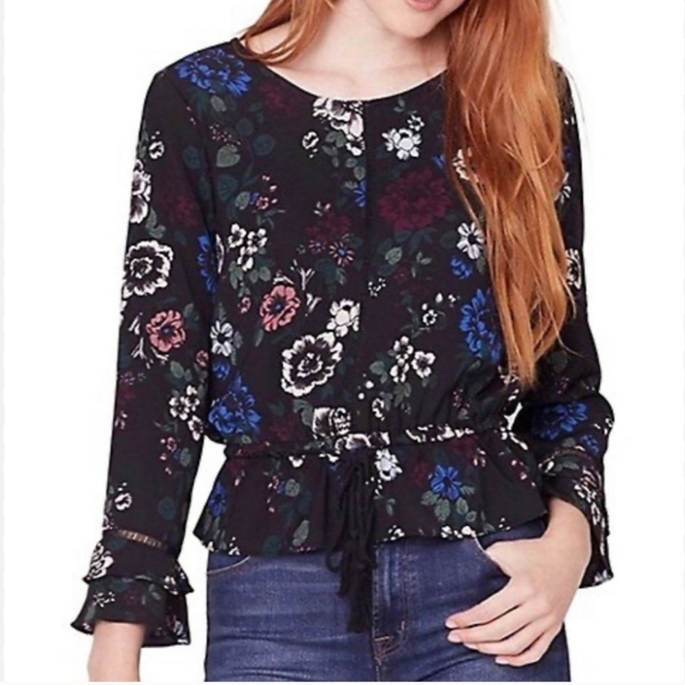 Jack By BB Dakota Blouse Black Floral Multicolor Top Long Ruffle Sleeves…
